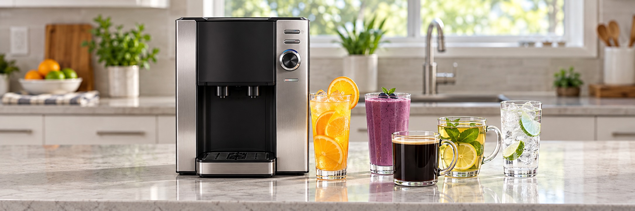 Complete countertop beverage system with coffee, tea, juices, and sparkling water